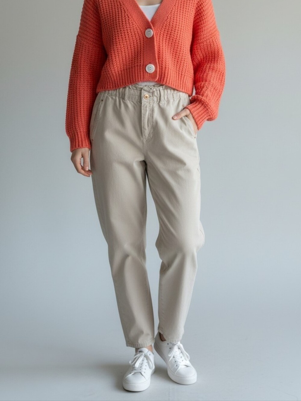 Zara Beige Paperbag High Rise Tapered Pants Relaxed Fit Pockets Women's